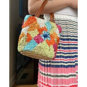 Vintage Tote Le Monde Hand Embroidered Raffia Straw Handbag Tote